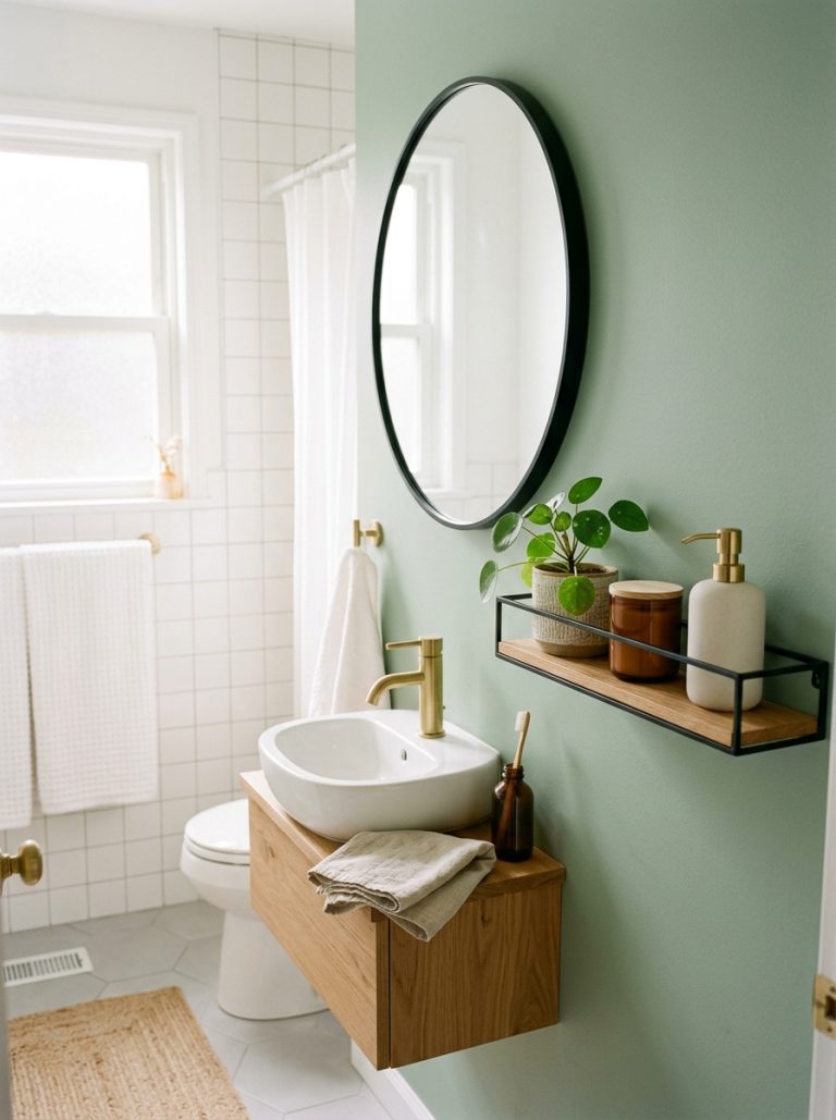 Small bathroom aesthetic with sage green walls black mirror narrow shelf plant candle and ceramic soap dispenser