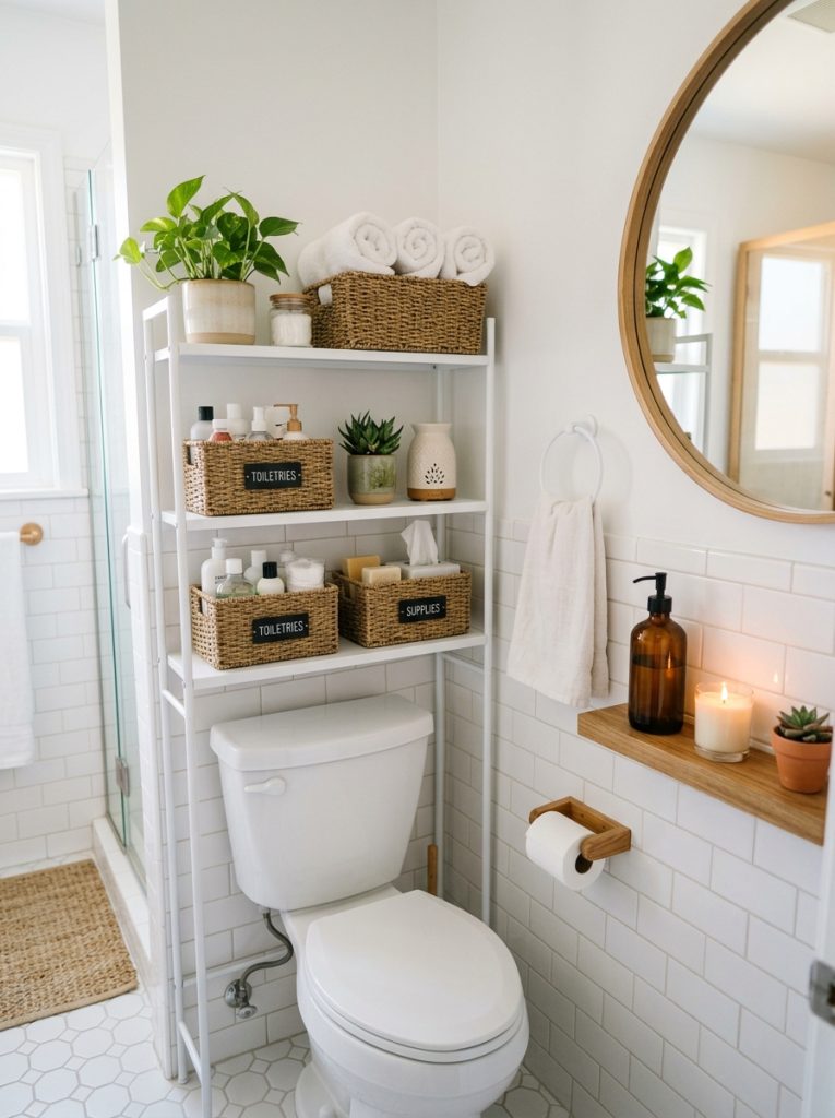 Space saving small bathroom with over toilet storage shelf unit baskets toiletries spare towels plants and narrow wall shelf