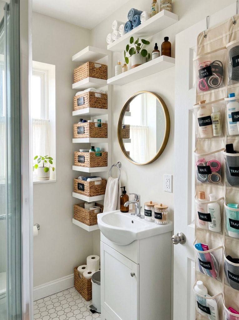 Small bathroom organization with narrow shelf labeled baskets over door organizer clear containers and round mirror