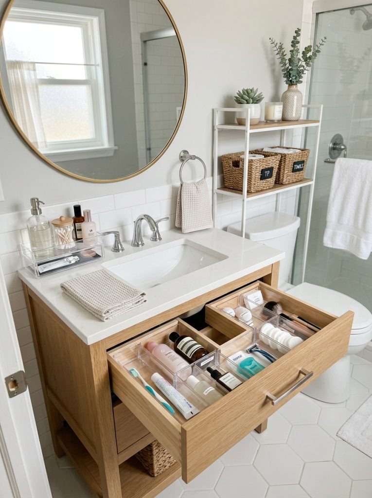 Very small bathroom organization with clear drawer organizers compact clear counter organizer and small over toilet shelf with baskets