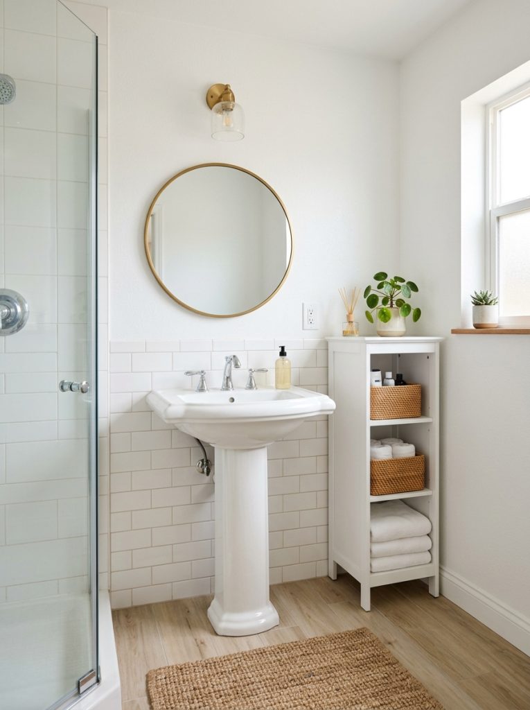 Small bathroom remodel with pedestal sink round mirror and storage cabinet