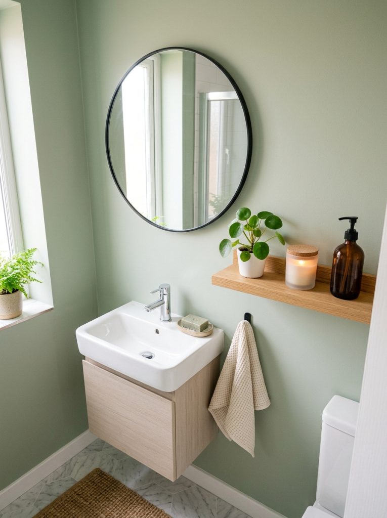 Small bathroom aesthetic with sage green walls round black mirror narrow shelf plant candle and soap dispenser