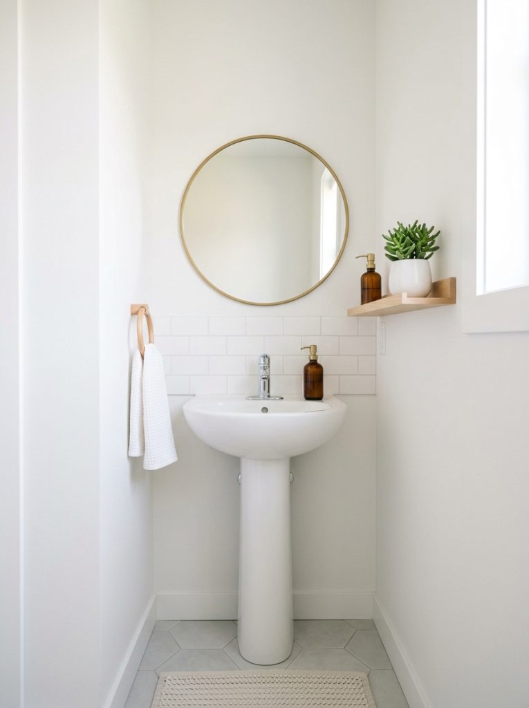  Minimalist small half bathroom with white walls pedestal sink round mirror narrow shelf tiny plant and soap dispenser