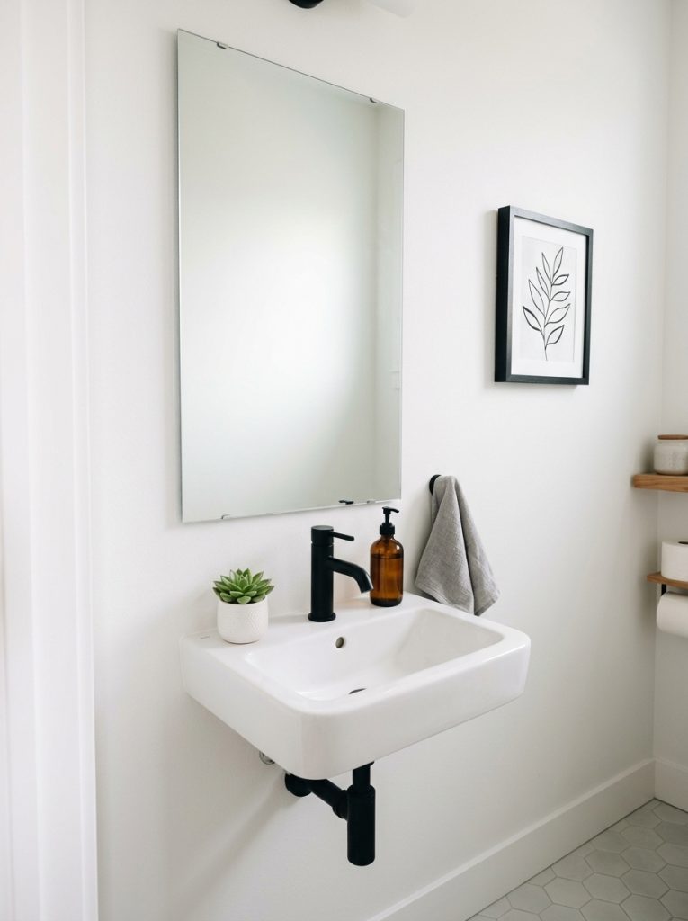 Small modern half bathroom with white walls frameless mirror black faucet black white art print and succulent