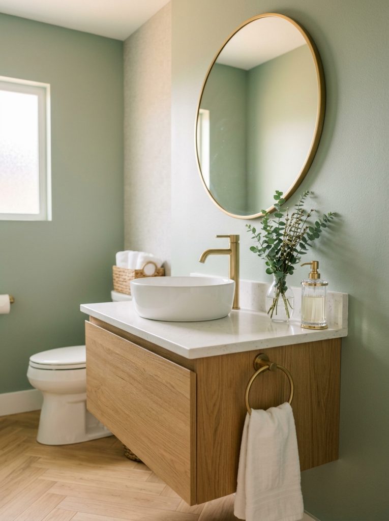 Spa luxury half bathroom with sage walls gold mirror crystal soap dispenser eucalyptus and warm lighting