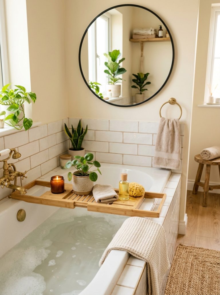Cozy aesthetic bathroom with bamboo bath tray candle plant and round black mirror