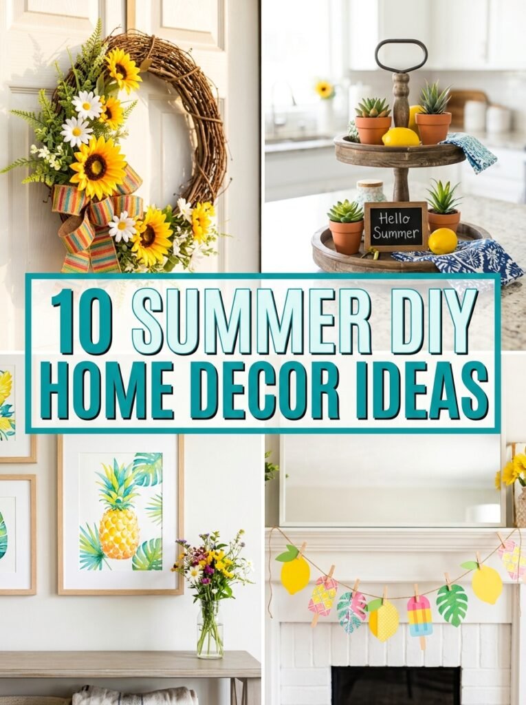 Collage of four summer DIY home decor ideas with text overlay showing ten summer home decor ideas