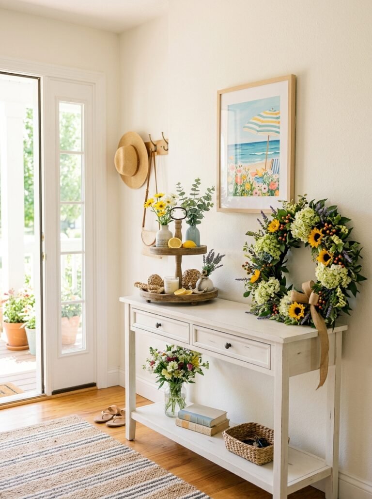 Sunny entryway with summer wreath tiered tray and framed print