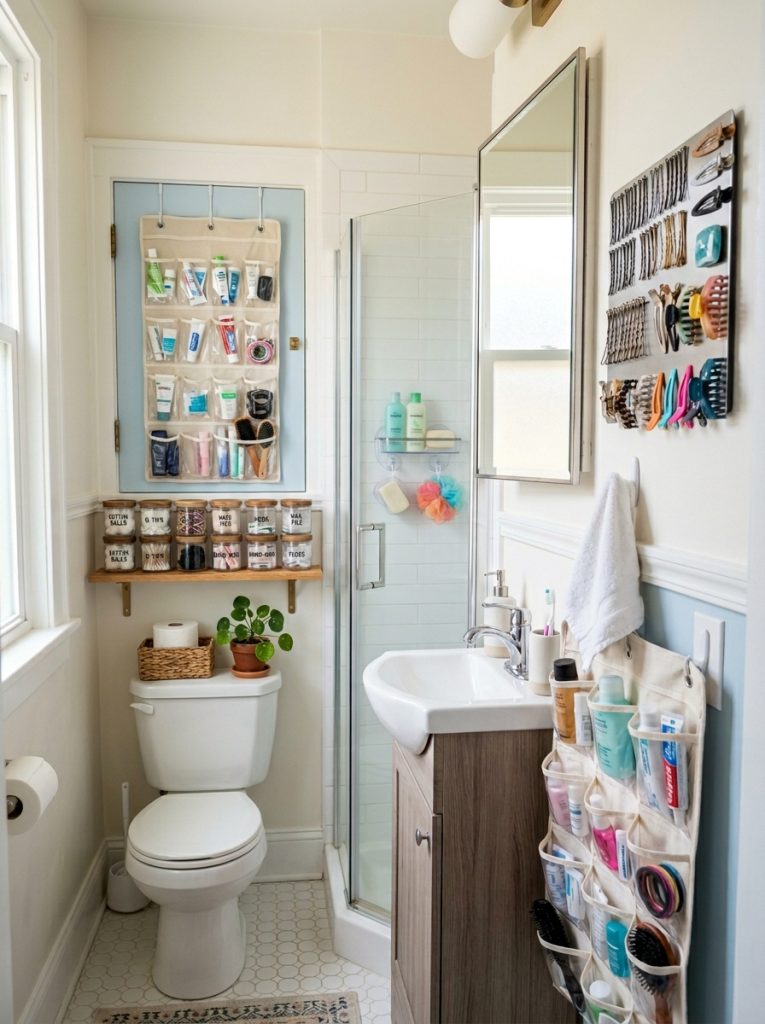 Tiny bathroom organization with magnetic strip bobby pins over door organizer suction shelf and narrow shelf above toilet with labeled containers