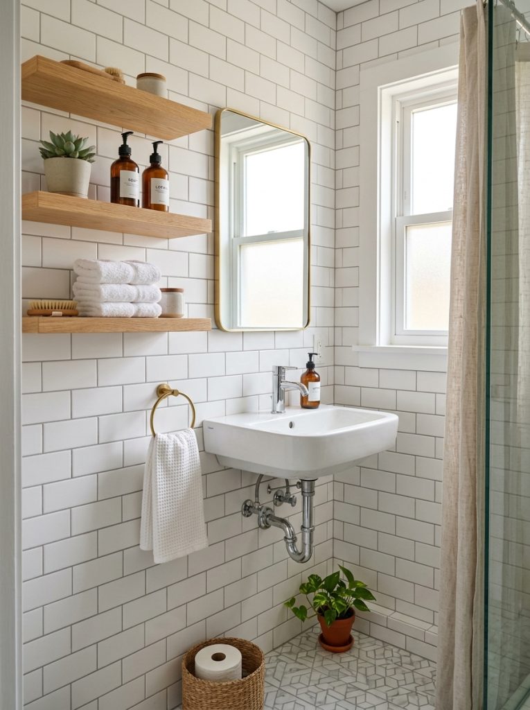 Tiny bathroom remodel with white tiles wall mounted sink floating shelves and mirror