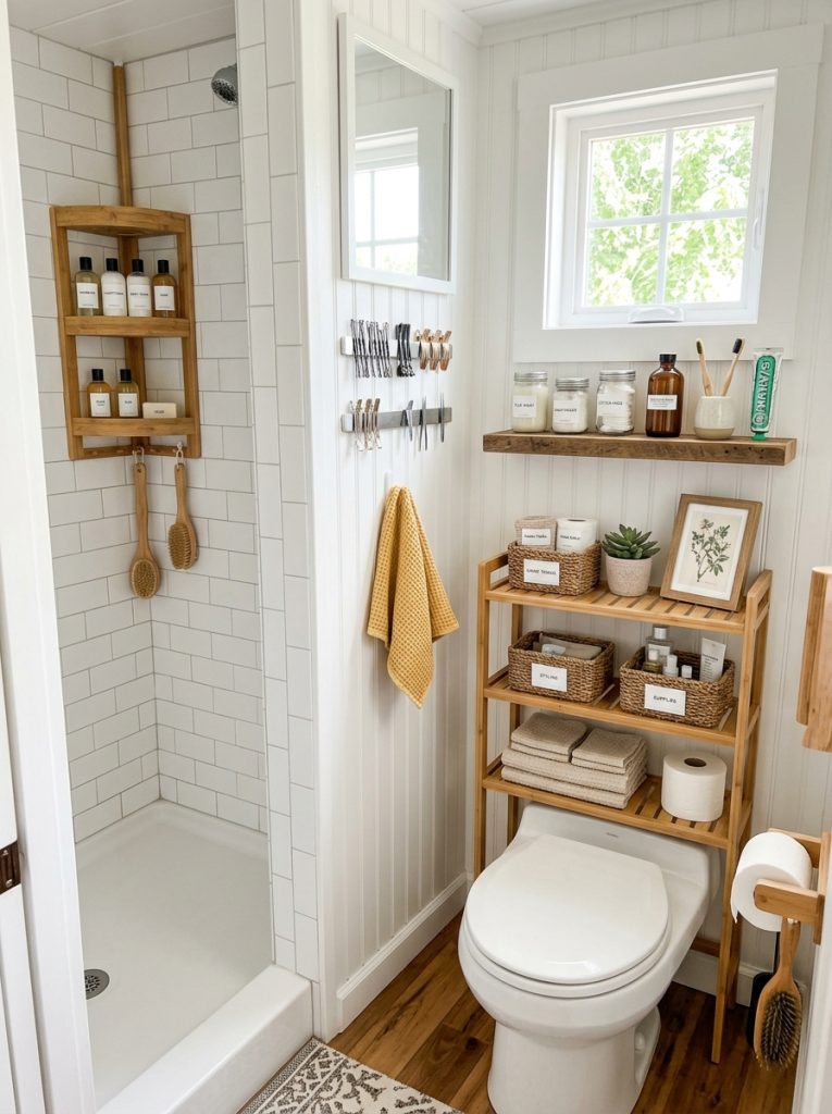 Tiny house bathroom organization with corner shower caddy magnetic strip bobby pins over toilet shelf labeled baskets and narrow wall shelf