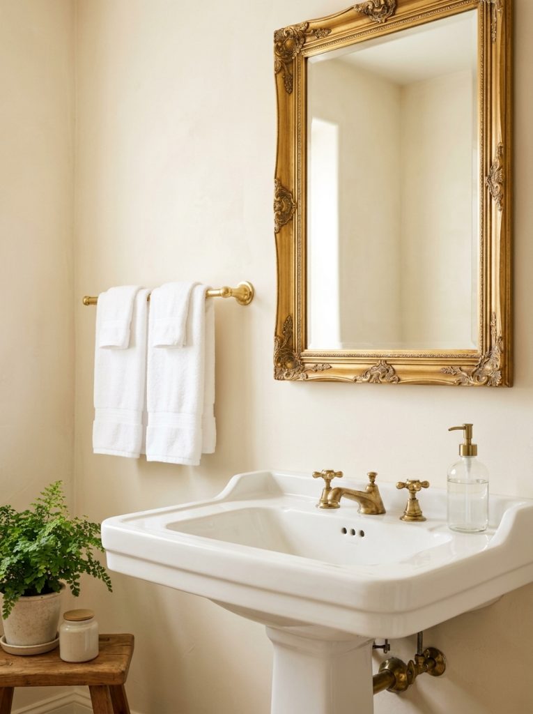 Vintage hotel bathroom with cream walls ornate gold mirror pedestal sink brass faucets white towels and glass soap dispenser
