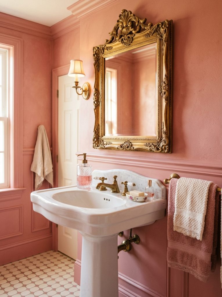 Vintage pink bathroom aesthetic with rose pink walls ornate gold mirror pedestal sink brass faucets crystal dispenser and cream pink towels