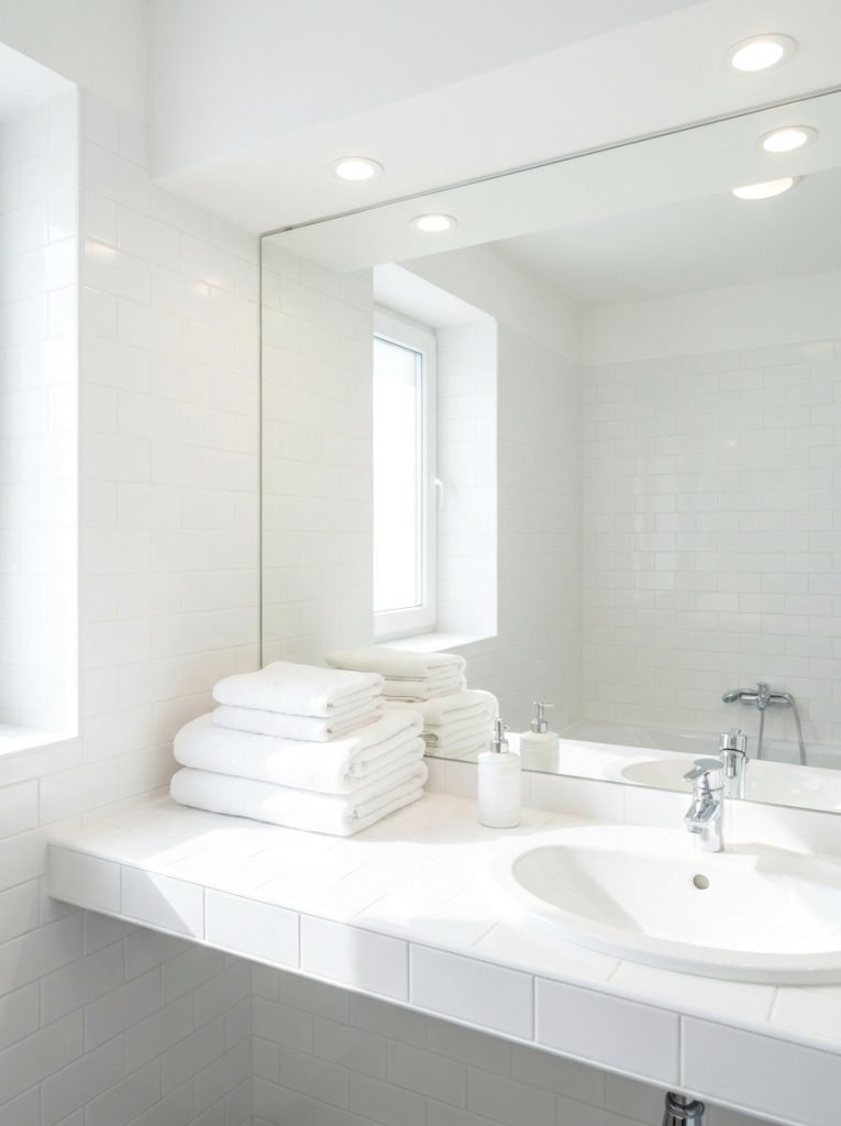 White hotel bathroom with white walls tiles sink towels ceramic dispenser frameless mirror and bright even lighting