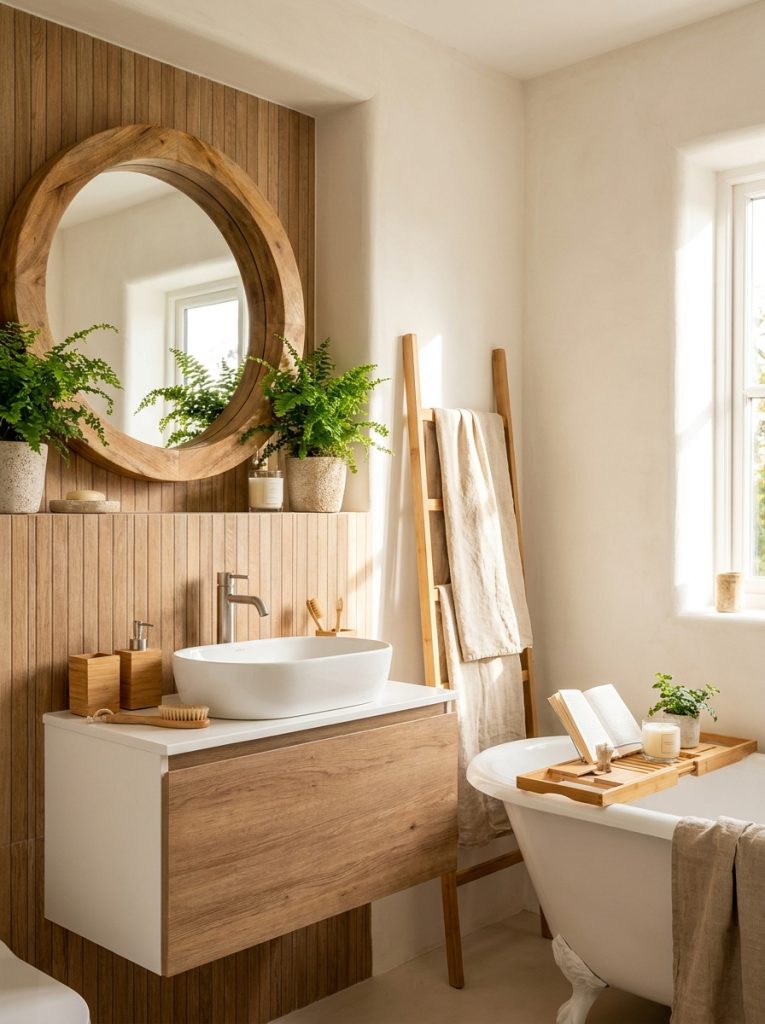 Cozy wood bathroom aesthetic with white walls wood panel accent wall wood frame mirror wood accessories bamboo tray and linen towels