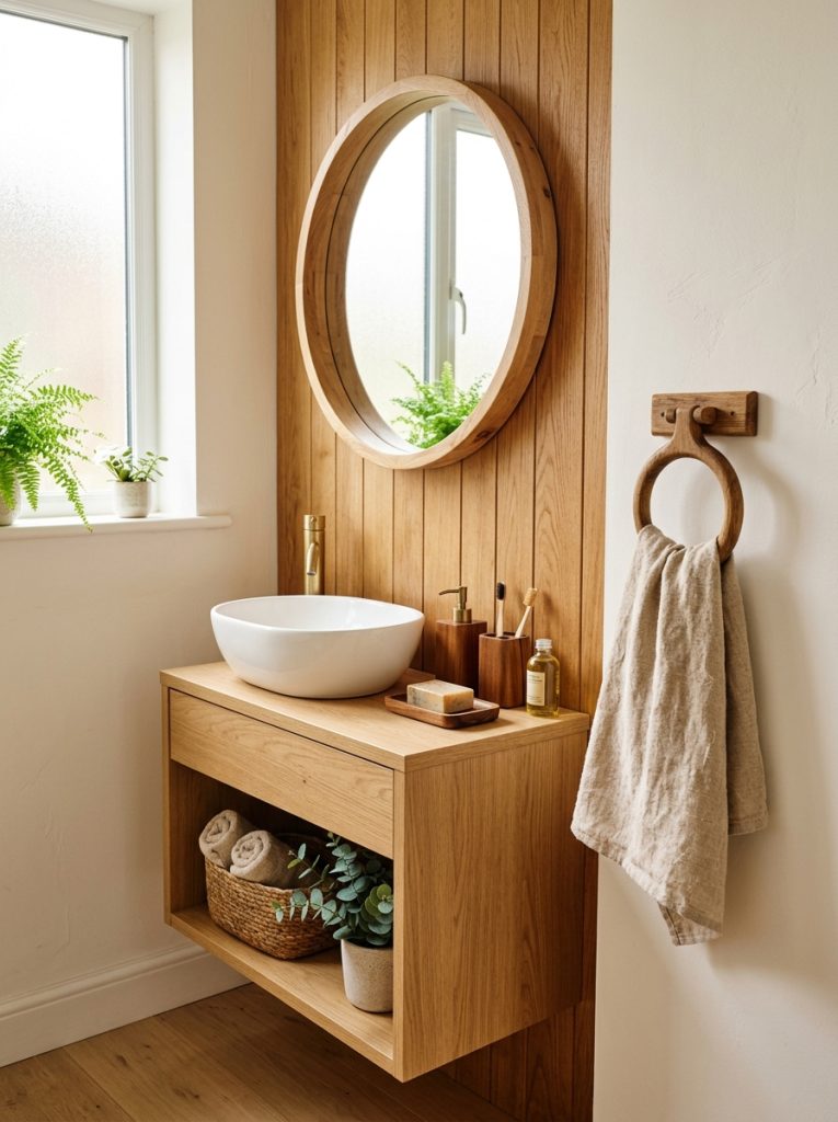Wood small bathroom aesthetic with white walls wood panel accent wall wood mirror brown accessories set and linen towel